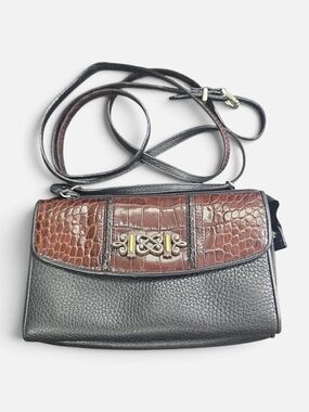 Brighton Two-Tone Brown Croc-Texture & Black Pebbled Leather Crossbody Bag
